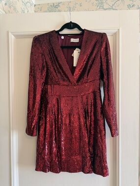 A.L.C. Burgundy Sequin Long-Sleeve V-Neck Dress